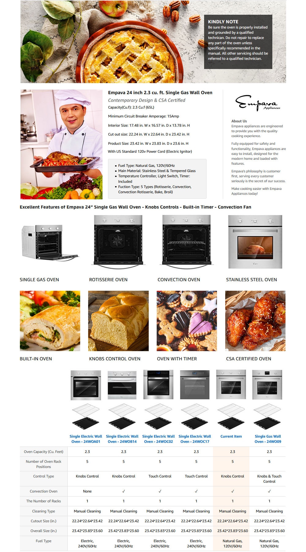 Empava 24 in. Single Gas Wall Oven in Stainless Steel with Convection